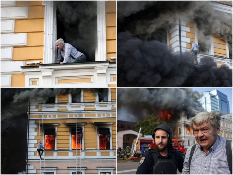 MUNDO: idoso é salvo em resgaste dramático em edifício histórico de Kiev, na Ucrânia; prédio foi atingido por drone russo